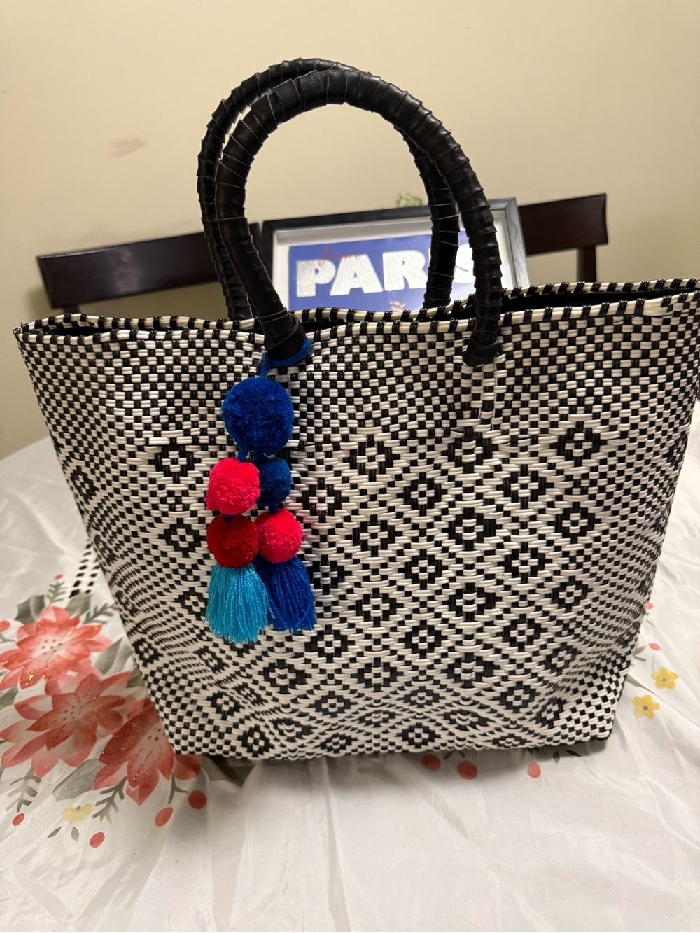Black & White Woven Tote Bag with Colorful Pom Tassel
